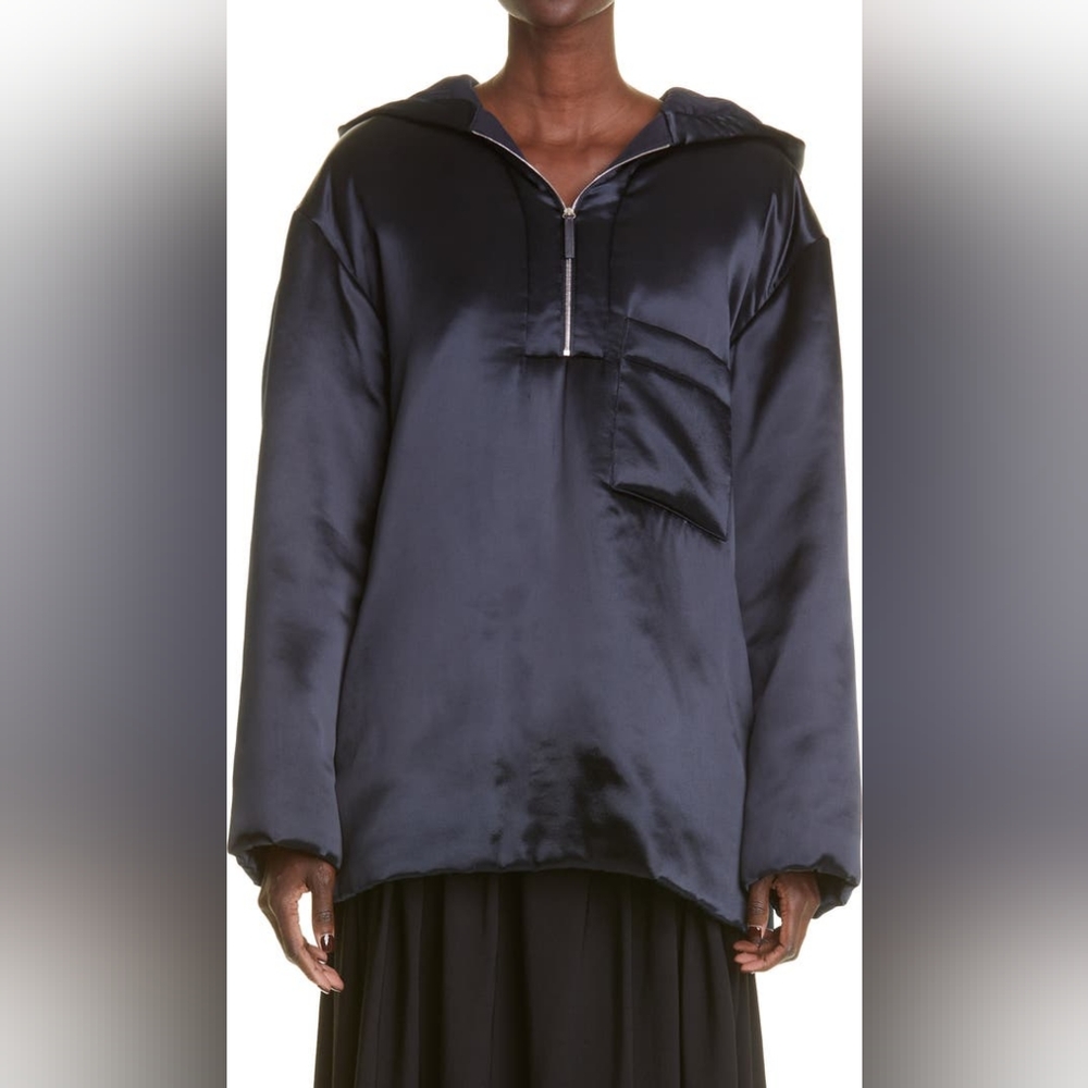 NWOT KHAITE Henry Satin Pullover Hooded Jacket in navy size M Org $1,700 - Picture 4 of 12